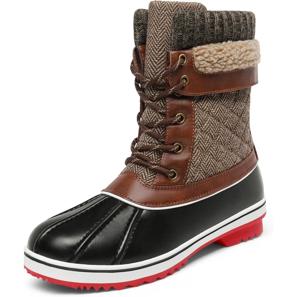 Women’s Brown Waterproof Snow Boots Warm Mid-Calf Duck Winter Outdoor Shoes